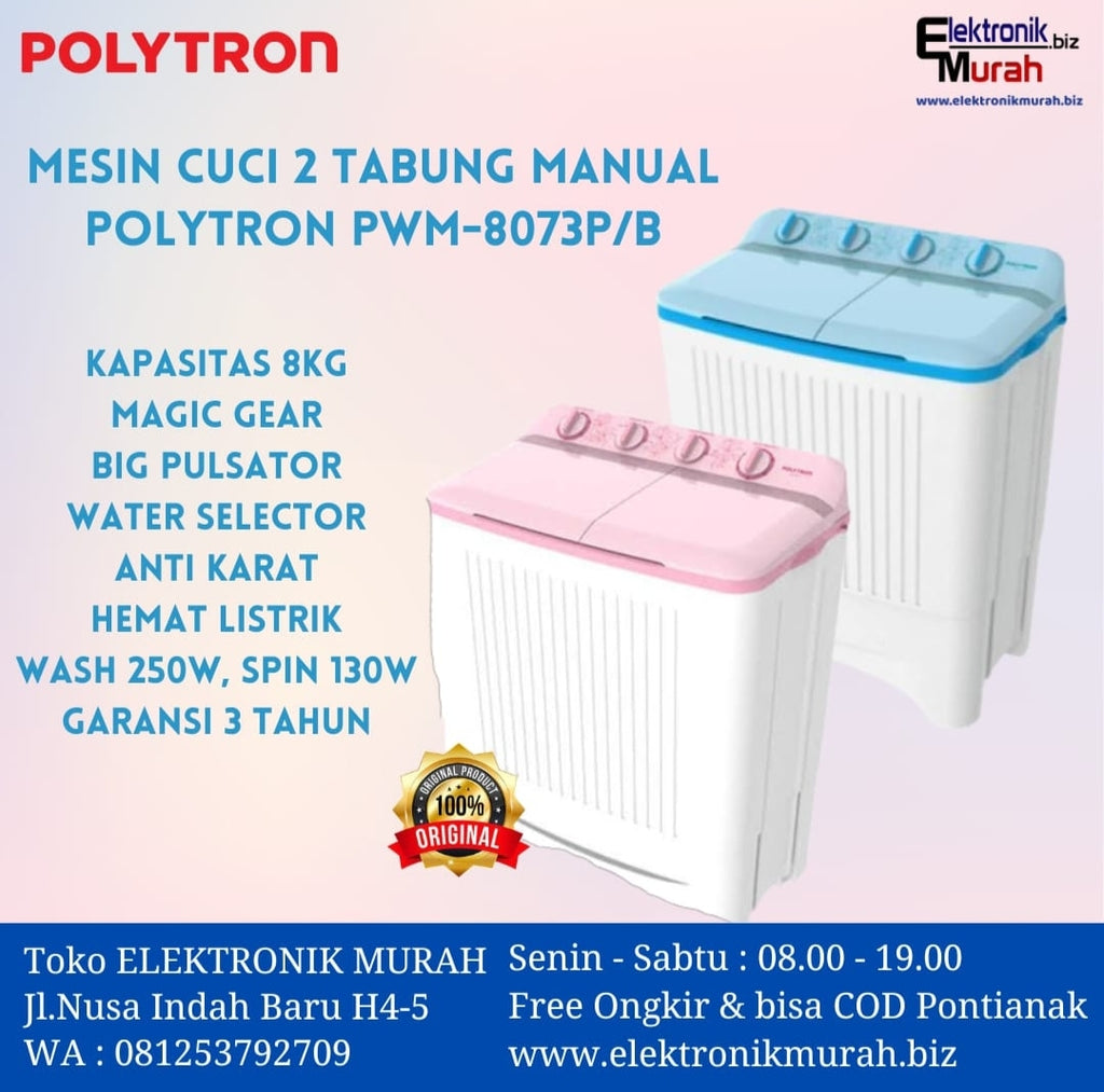 POLYTRON - MESIN CUCI TWIN TUB/MANUAL 08KG - PWM-8073B